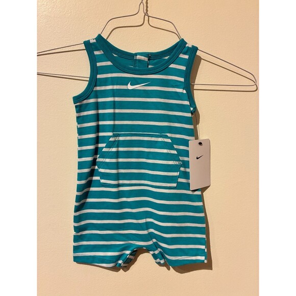 NWT Nike Blue Stripe Romper with Front Pocket- 6-9M - Picture 1 of 3